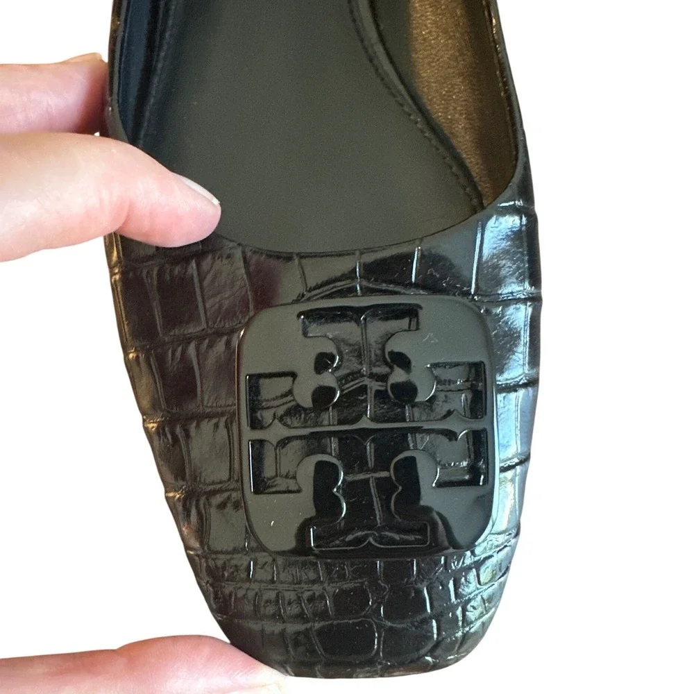 Tory Burch Georgia Croc Patent Leather Square Toe Ballet Flats Black 8